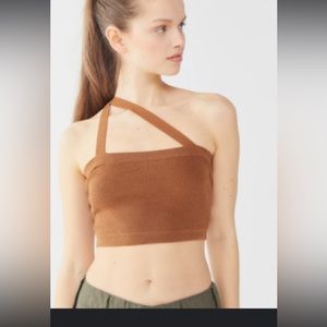Urban Outfitters Addie Asymmetrical Ribbed Cropped Top in tan